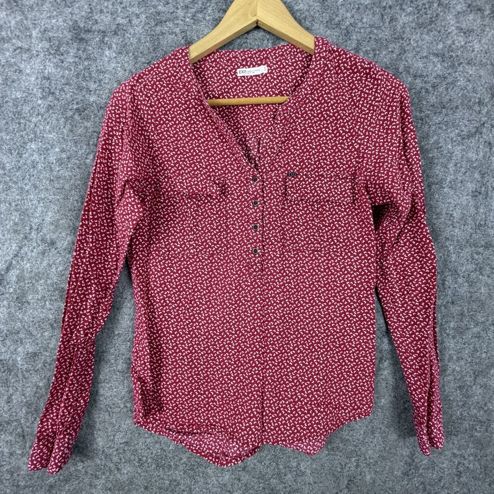 Exit Urban Vintage Shirt Womens Small Red Geometric Chest Pocket Roll Tab Sleeve